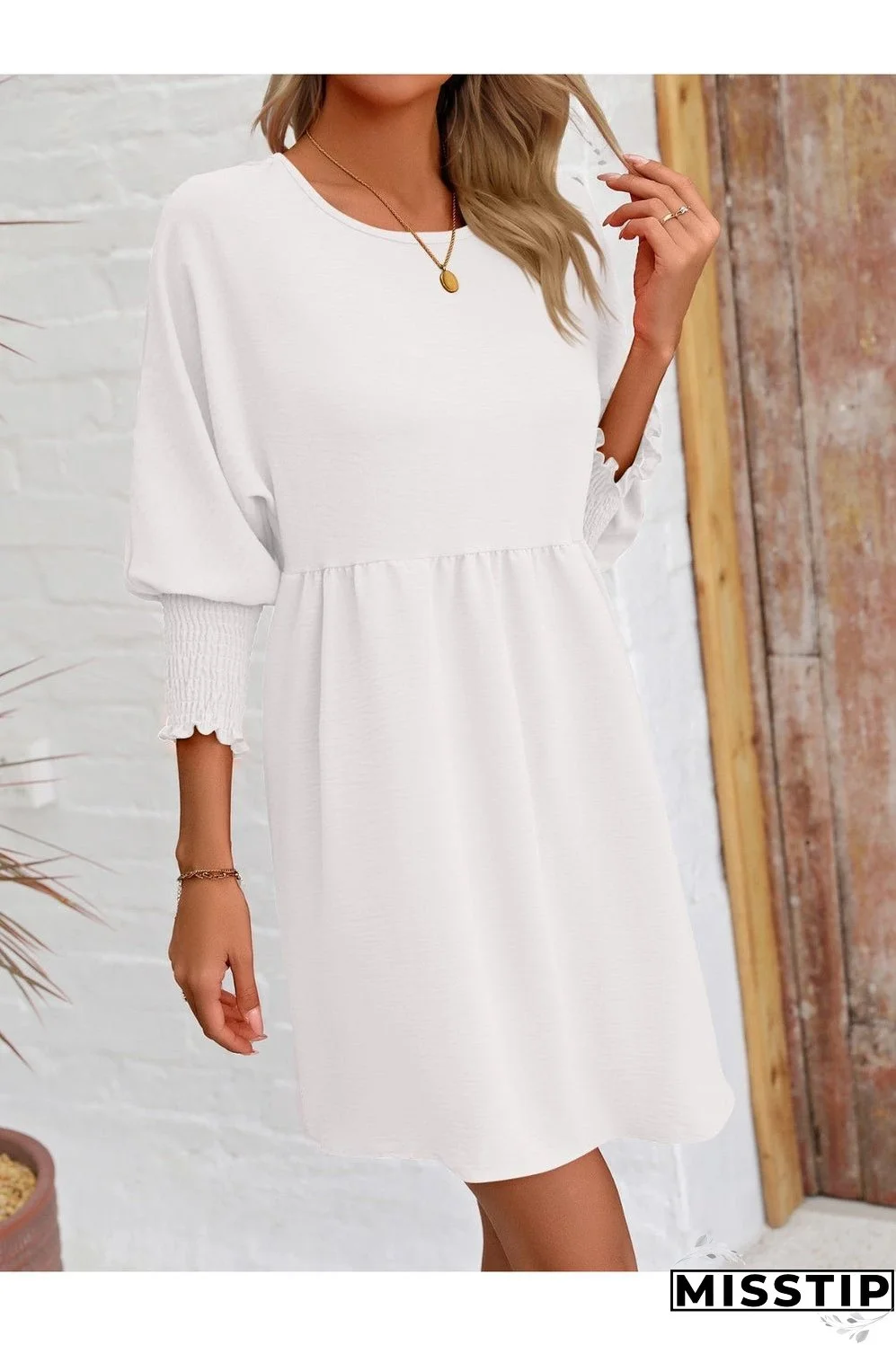 Round Neck Lantern Sleeve Mini Dress