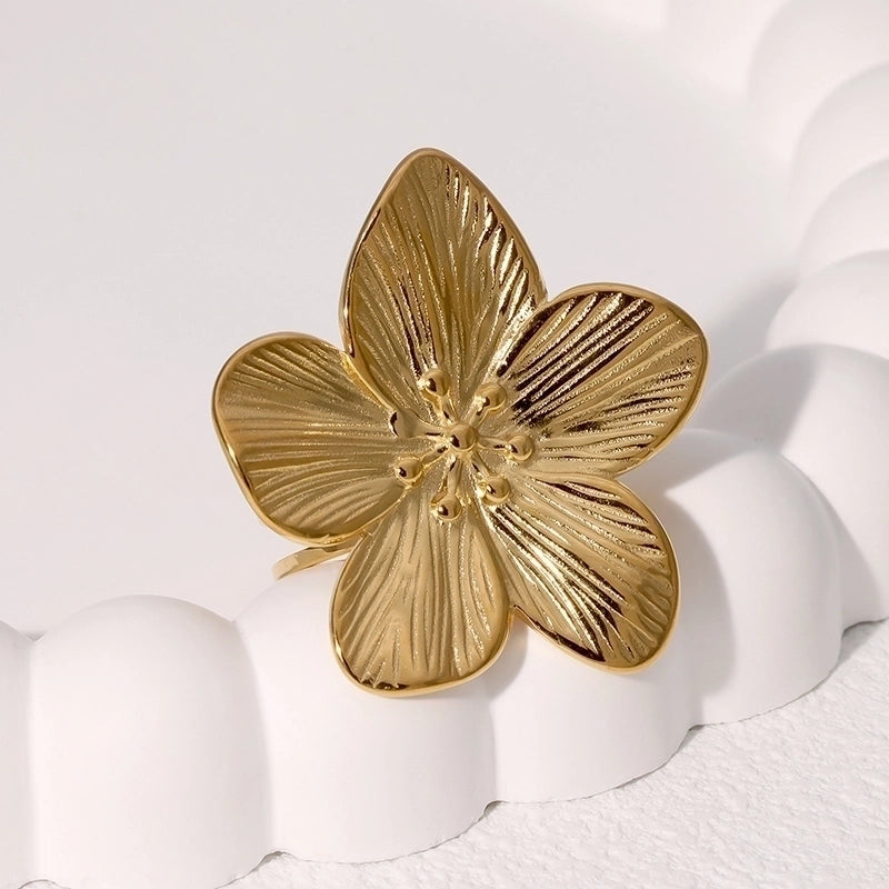 Elegant Vintage Style Flower 304 Stainless Steel 18K Gold Plated Open Rings