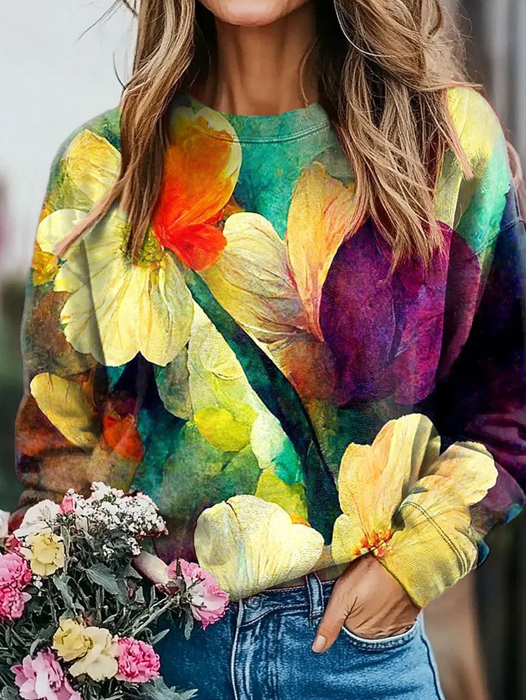 Women's Retro Flower Art Print Casual Sweatshirt