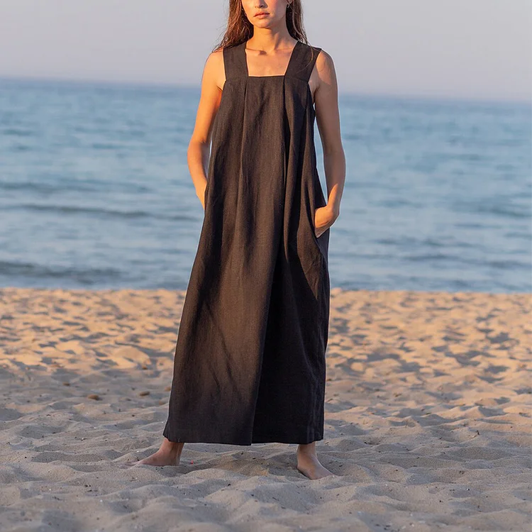 Efenbei Cotton Linen Dresses For Women Vintage Square Collar Sleeveless Back Cross Elegant Party Dresses Casual Beach Long Midi Sundress