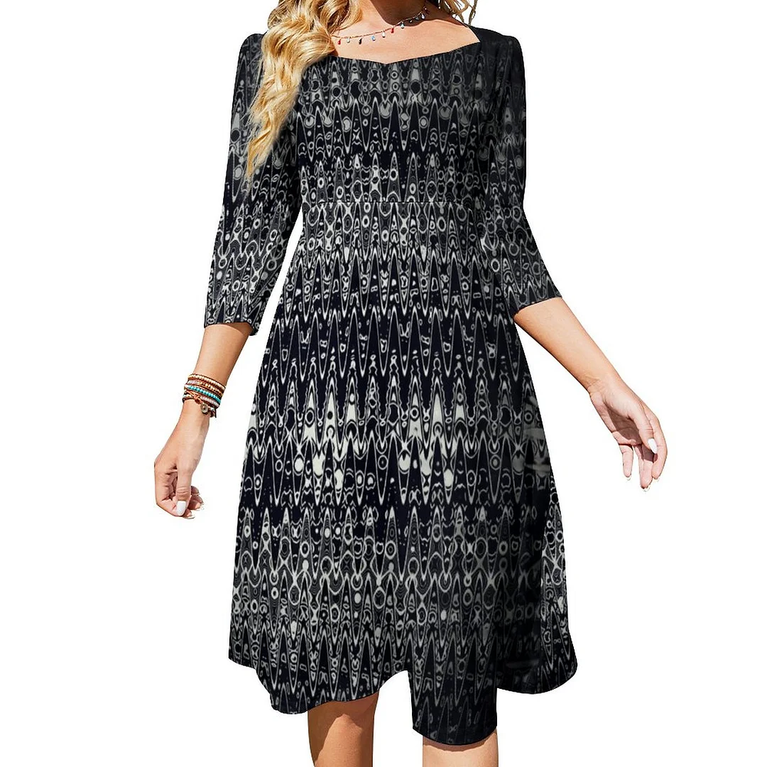 Bootyliscious Liquid Metal Techno Rave Party Camo Dress Sweetheart Tie Back Flared 3/4 Sleeve Midi Dresses