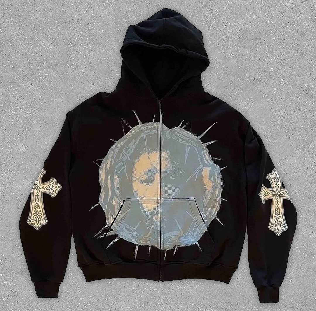 Casual Vintage Printed Long Sleeve Zip Hoodie