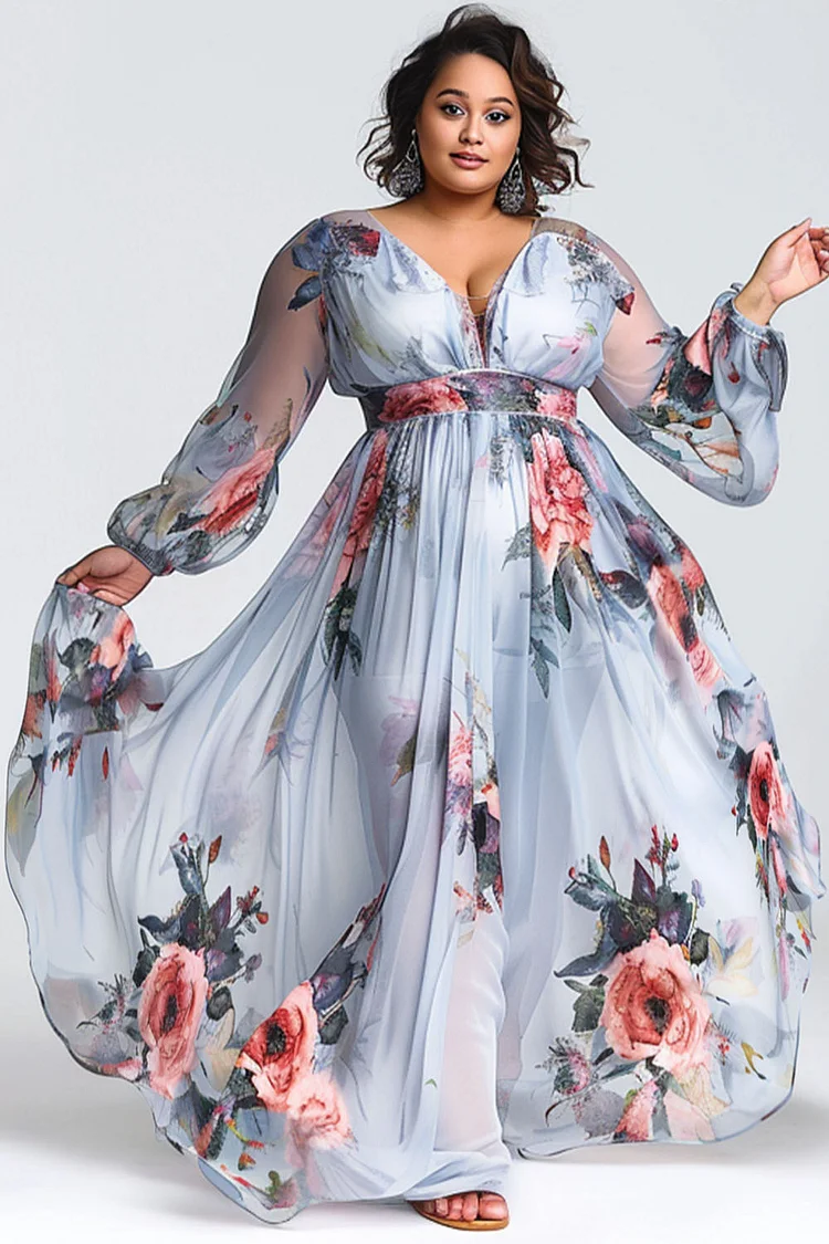 Xpluswear Design Plus Size Vacation Grey Floral V Neck Long Sleeve See Through Chiffon Maxi Dresses [Pre-Order]