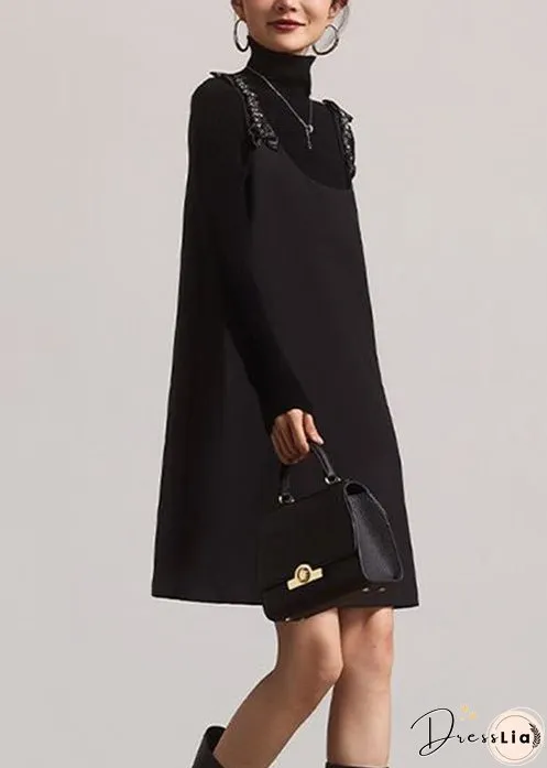 Italian Black O-Neck Zircon Patchwork Cotton Mid Dress Sleeveless