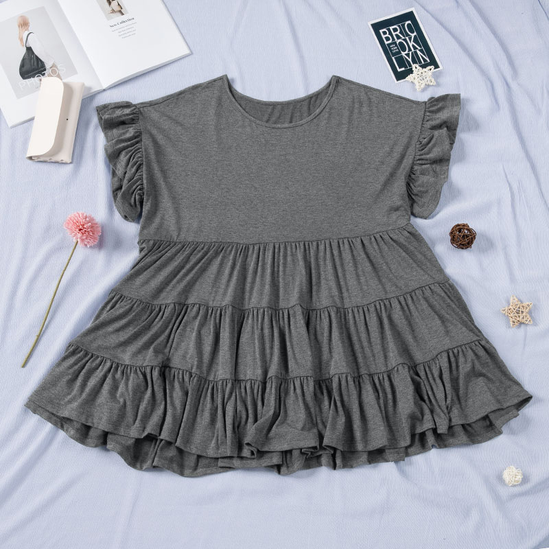 Mature Women Pure Color Ruffles Pleated Pullover T-shirt Tops
