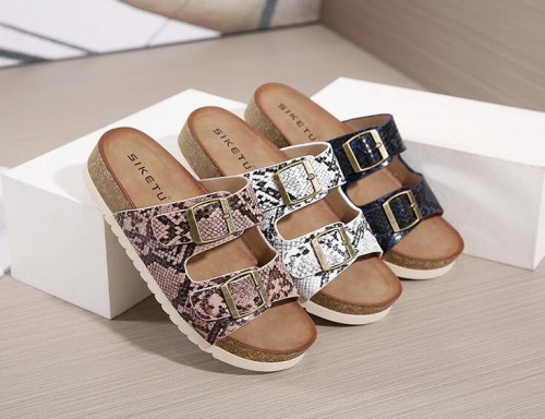 Two Band Snake Pattern Slip-on Cork Sandals