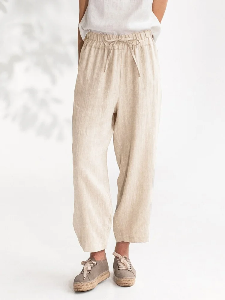 Solid Loose Pocket Linen Blend Casual Pants