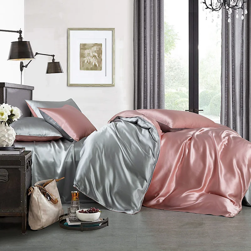 19 MOMME Parure de lit en soie classique rose et gris (Ensemble 4 pièces) 1