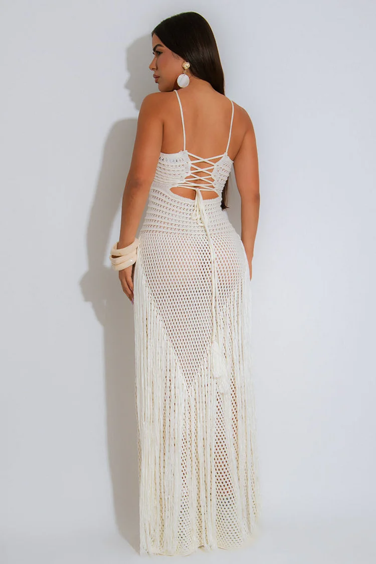 Halter Backless Cutout Knit Fringe Vacation Maxi Dresses-White [Pre Order]