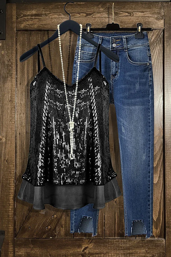 Sequin V-neck Loose Camisole Top
