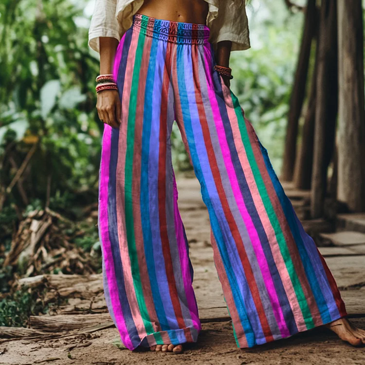 Retro Colorful Stripe Print Loose Wide Leg Pants