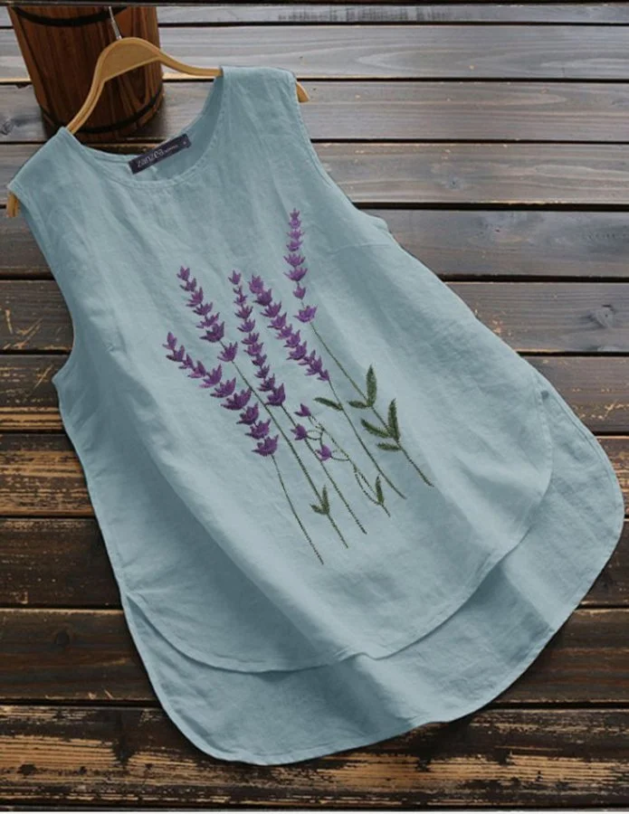 Women's Embroidered Sleeveless Round Neck Cotton Linen T-shirt