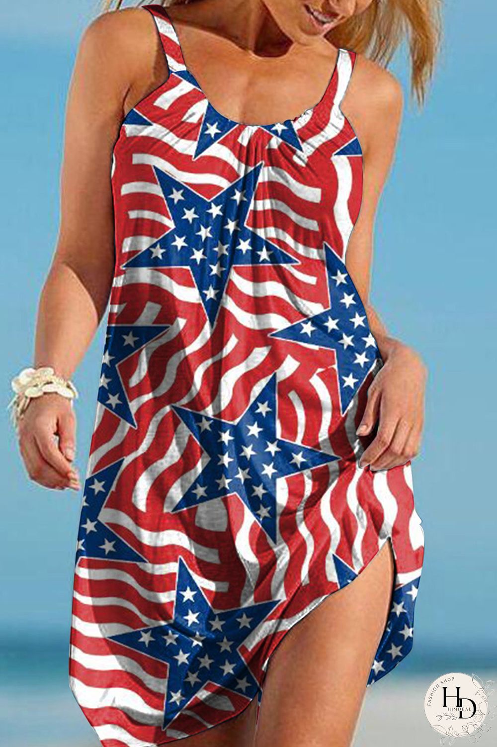 White Red Fashion Casual Print Basic O Neck Vest Dress