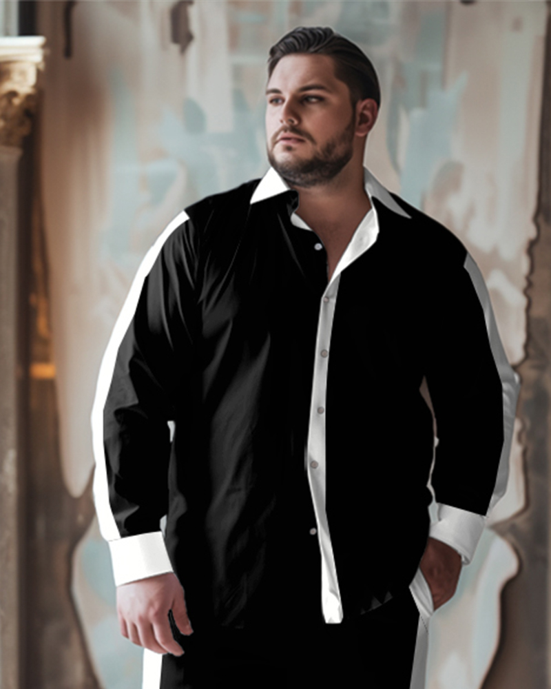 Men's Big & Tall Classic Solid Color Splicing Long Sleeve Lapel Shirt 2 Piece Set