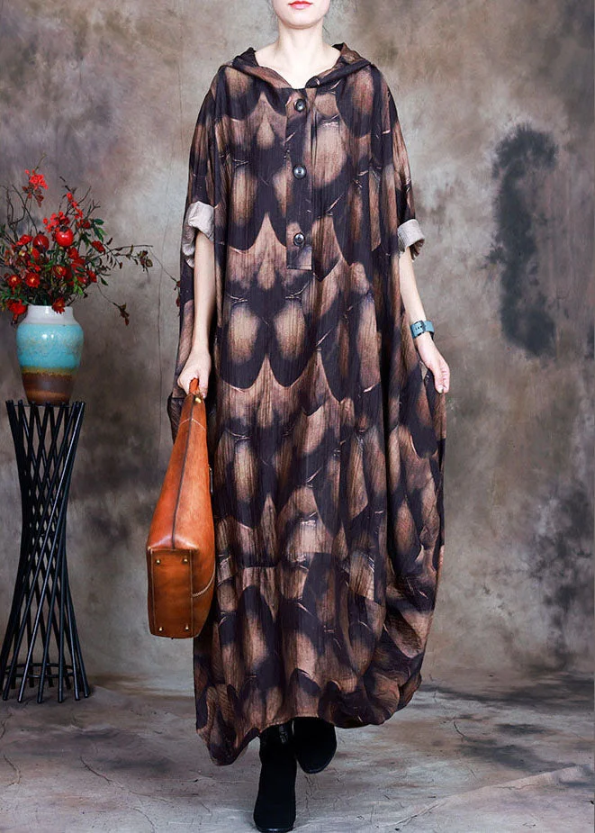 Natural Coffee hooded Button Print asymmetrical design Fall Dress Long sleeve