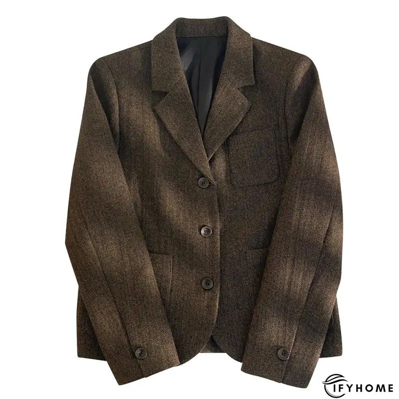 Brown Paneled Plain Long Sleeve Shawl Collar Blazer | IFYHOME