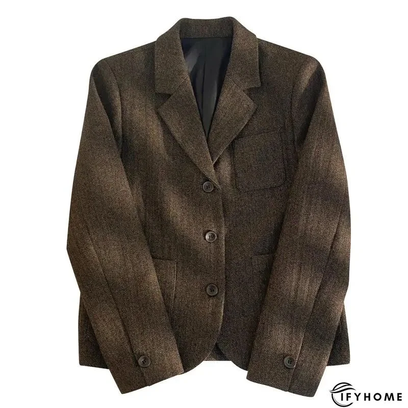 Brown Paneled Plain Long Sleeve Shawl Collar Blazer | IFYHOME
