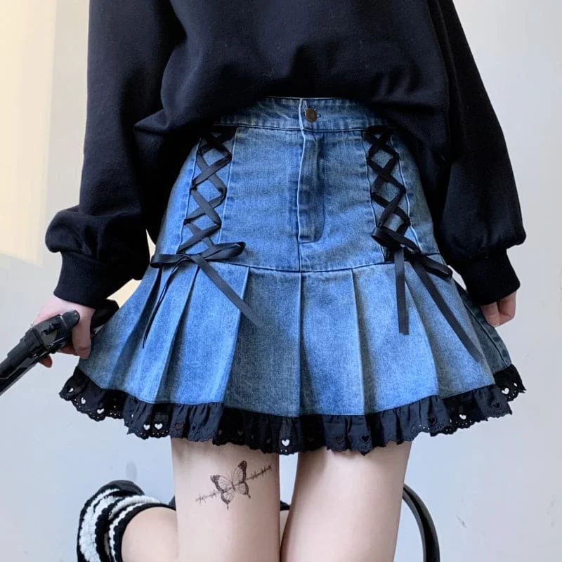 Kawaii Black Lace Blue Denim Skirt ON102