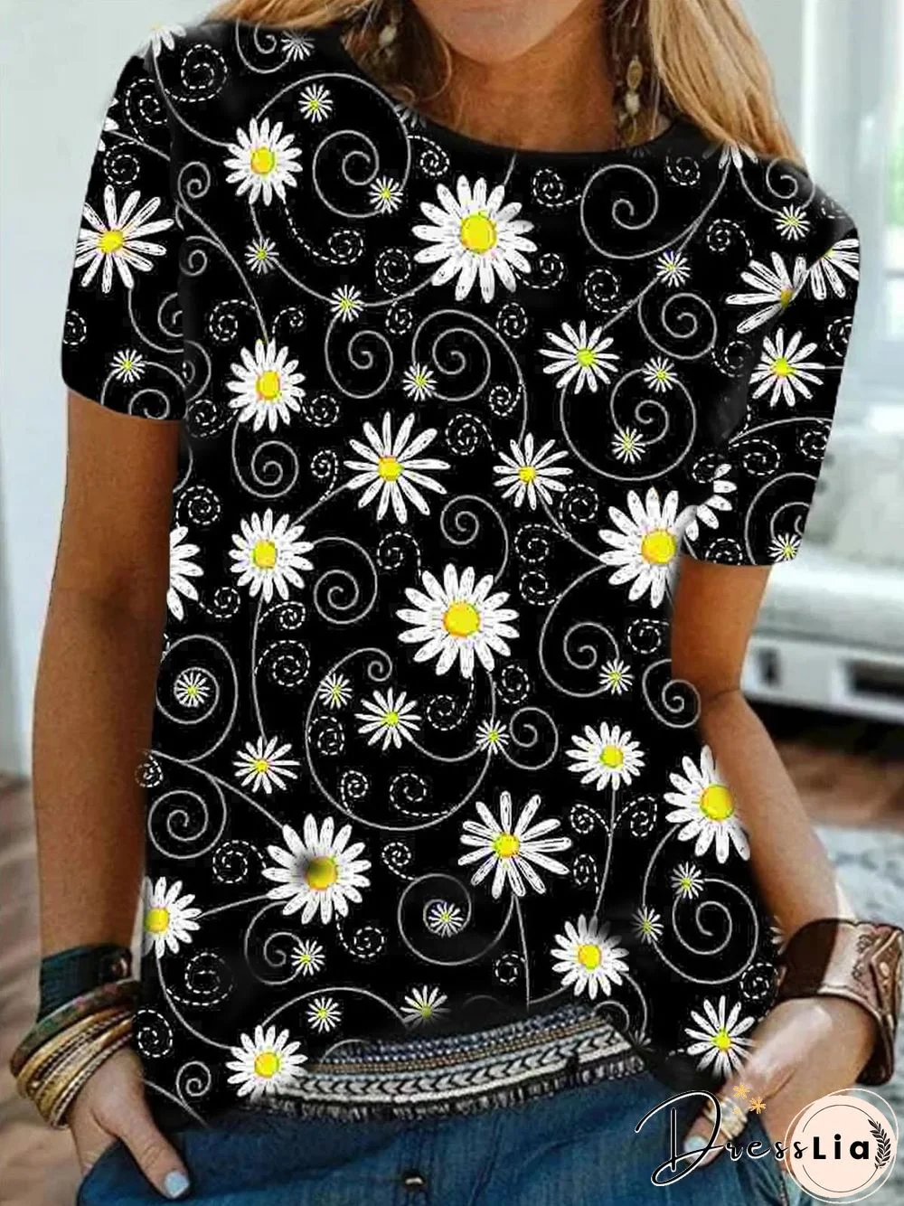 Casual, Floral Short Sleeve Printed T-shirt