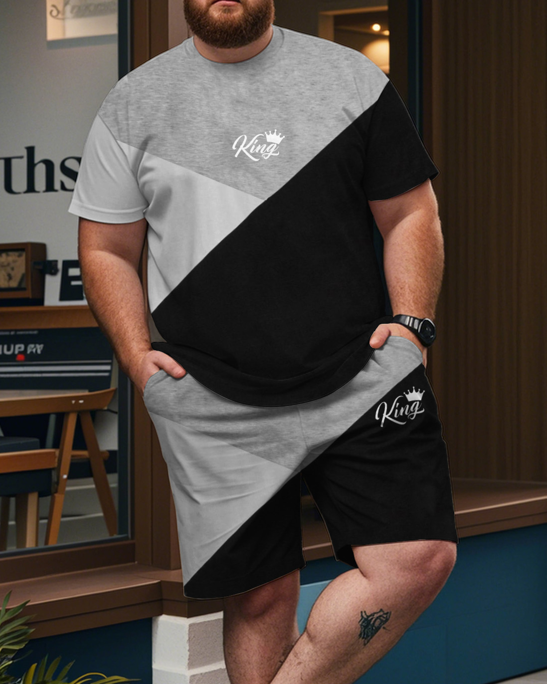 Men's Plus Size Simple Color Block Splicing King T-Shirt Shorts Suit