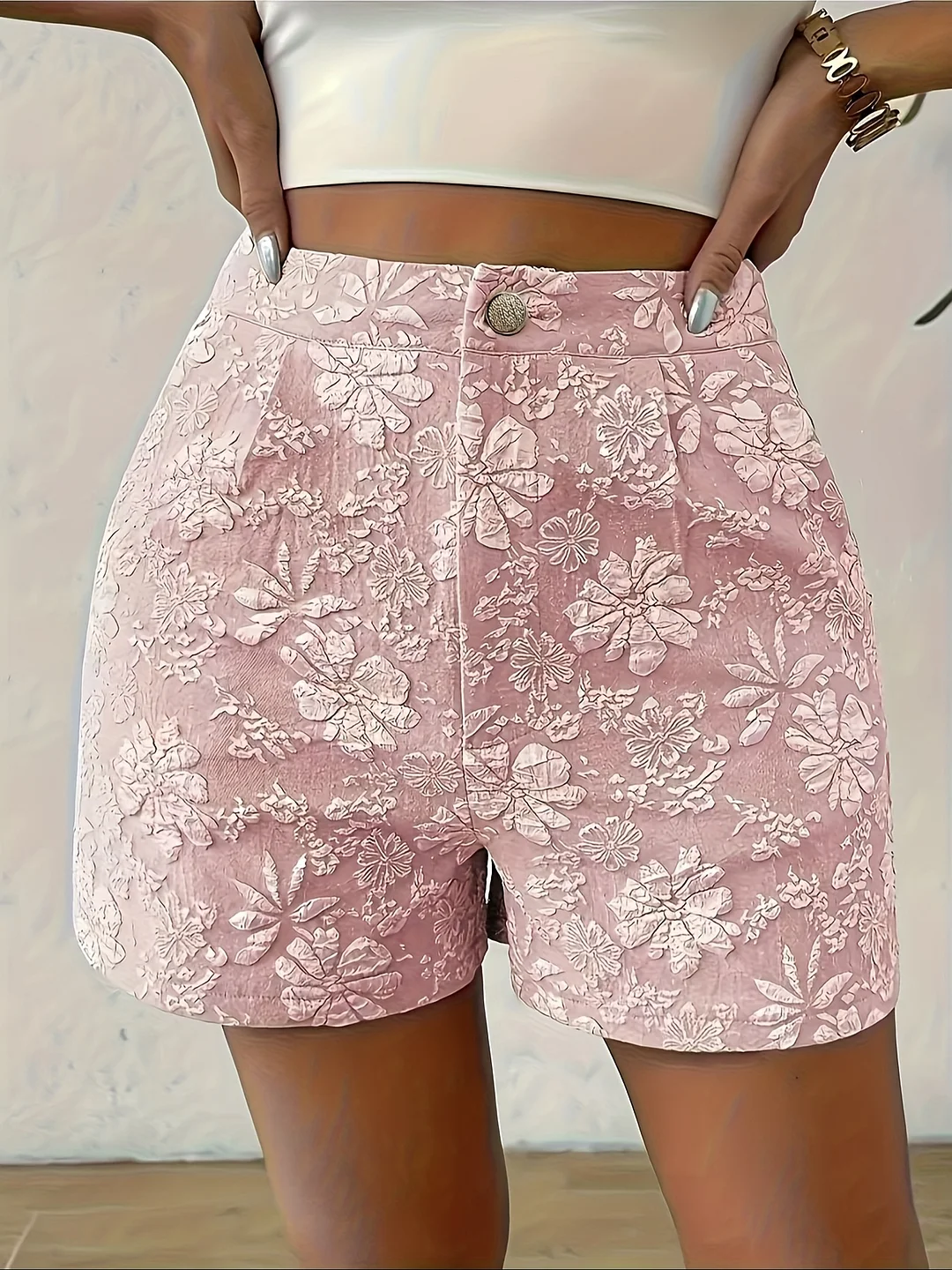 Women's High-Waist Floral Jacquard Shorts - Casual Summer Beachwear, Machine Washable, No Stretch Fabric, Tropical Floral Print, Perfect For Vacation Or Relaxation, Vacation Apparel, Stylish Beachwear, Comfortable Fit | IFYHOME