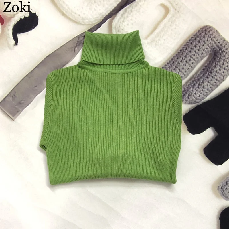 Zoki Soft Women Turtleneck Sweater Autumn Long Sleeve Elastic Female Knitted Jumper Casual Pullover Slim Winter Basic Tops 2021
