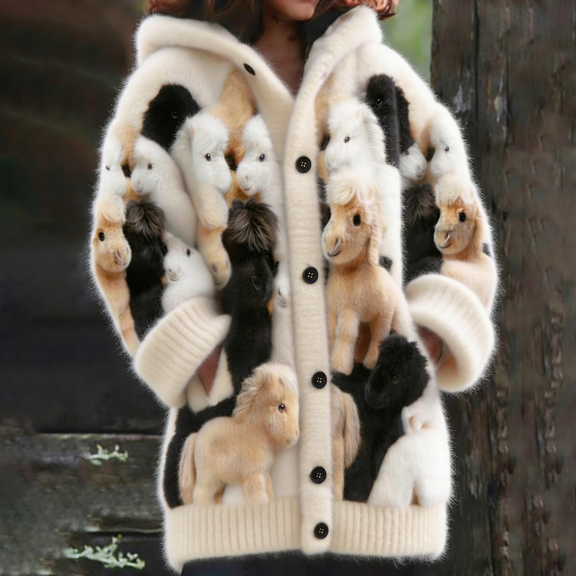 Women's Retro Furry Pony Graphic Flannel Hoodie Cardigan wearshes