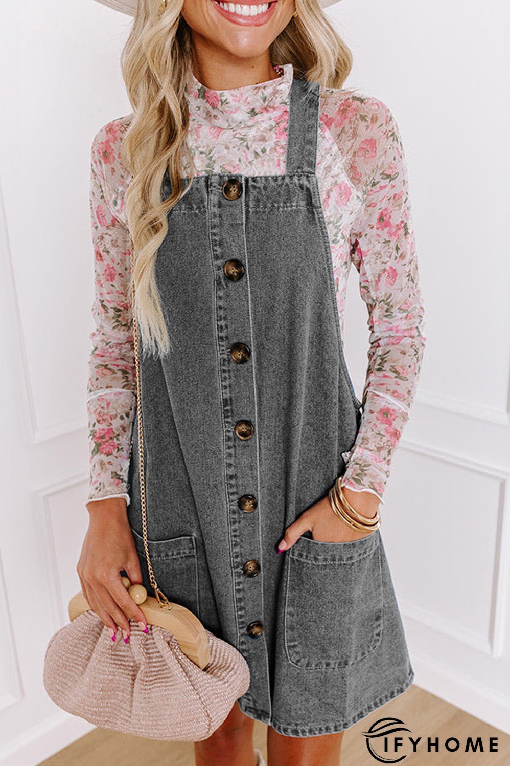 Dusk Blue Wide Strap Button Front Pocketed Denim Mini Dress | IFYHOME