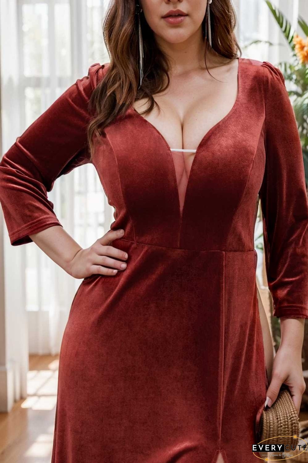 velvet 3 4 length sleeve illusion v neck front slit evening dress