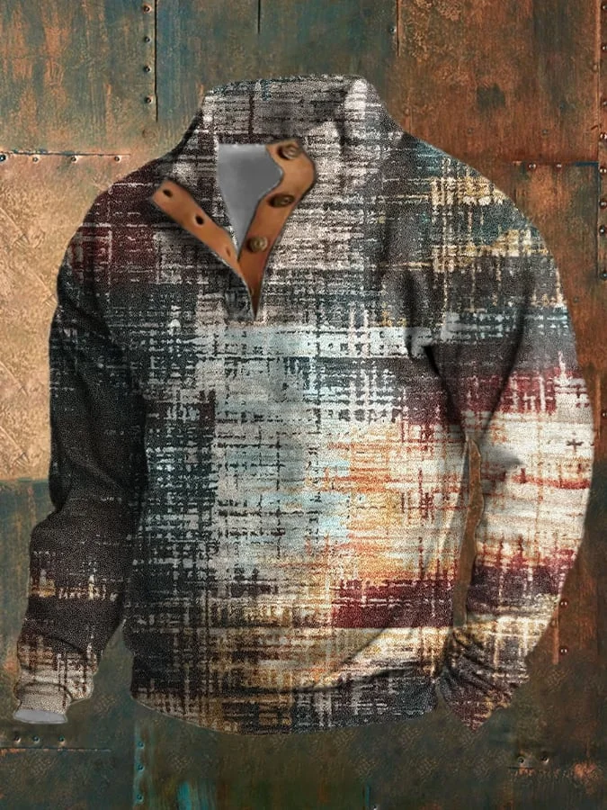 Men's Retro Western Print Button Collar Sweatshirt