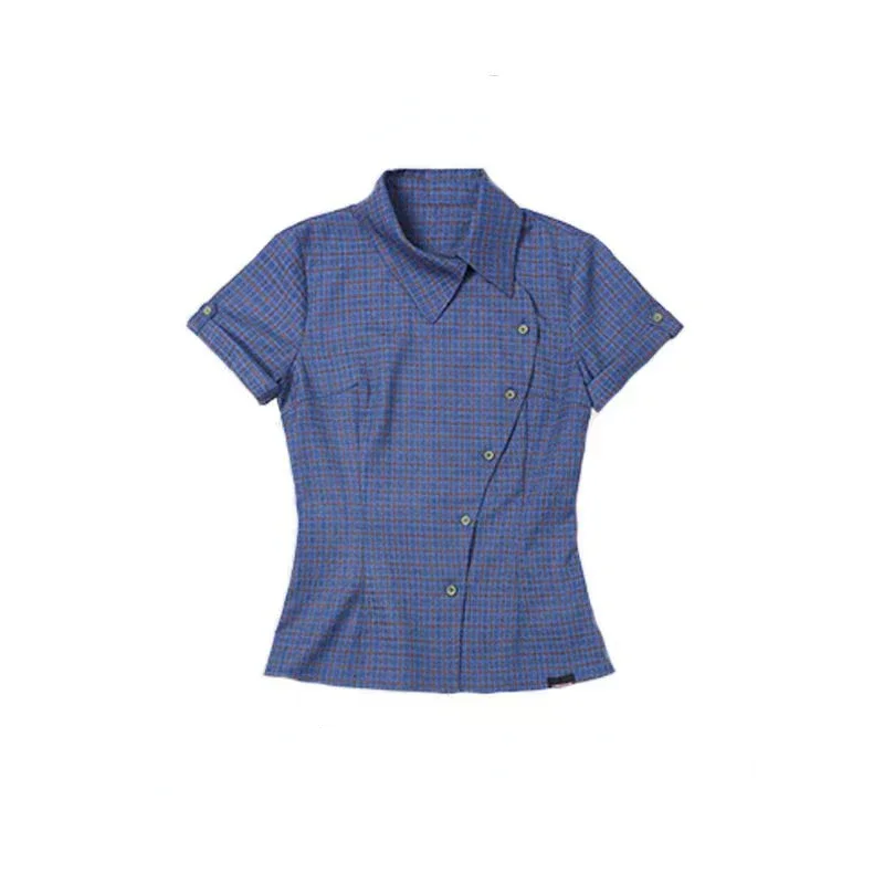 Aonga Sweet Cool All-match Blue Plaid Shirts Women Y2k Retro E-Girl Loose Short Sleeve Blouses 2025 Summer New Lapel Neck Blusas Mujer aonga