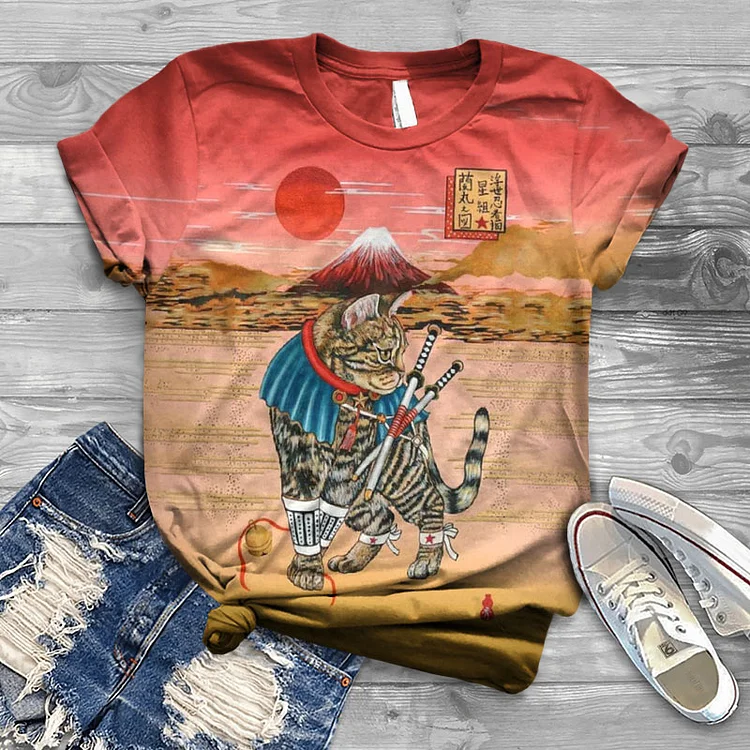 Retro Japanese Ninja Cat Print T-shirt