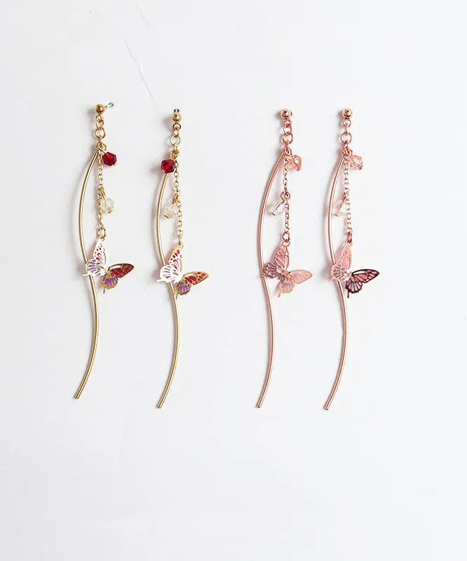 Classy Pink Butterfly And Line Copper Gem Stone Drop Earrings