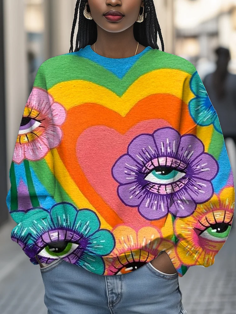 Women's Valentine's Day Floral Eye Love Art Print Casual Sweatshirt