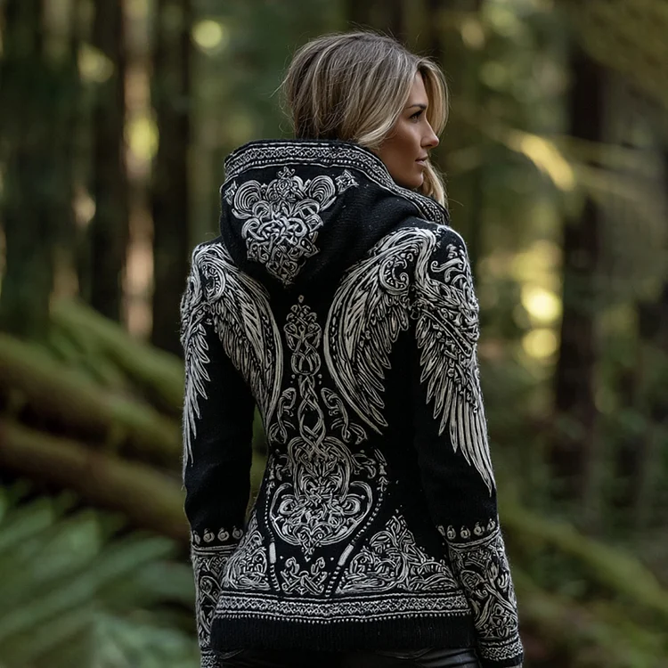 Women's Vintage Viking Wings Art Knit Cozy Hooded Sweater