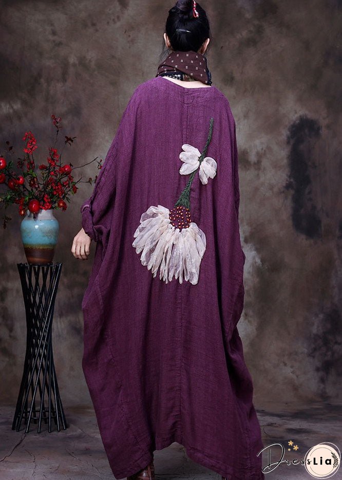 Plus Size Purple V Neck Floral Linen Coat Outwear Long Sleeve