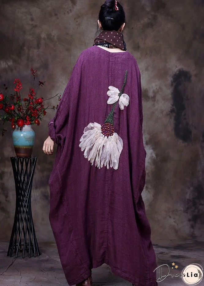Plus Size Purple V Neck Floral Linen Coat Outwear Long Sleeve