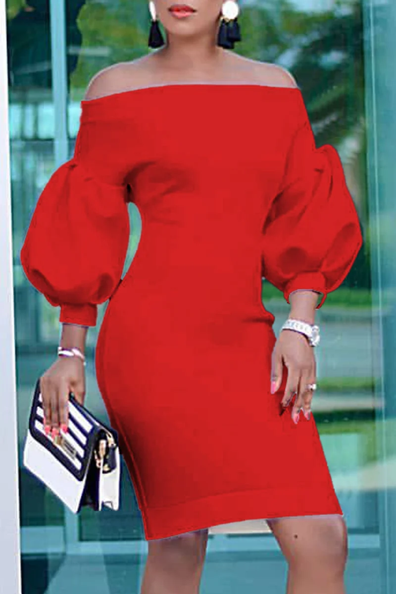 Red Fashion Casual Solid Backless Off the Shoulder Long Sleeve Dresses | EGEMISS