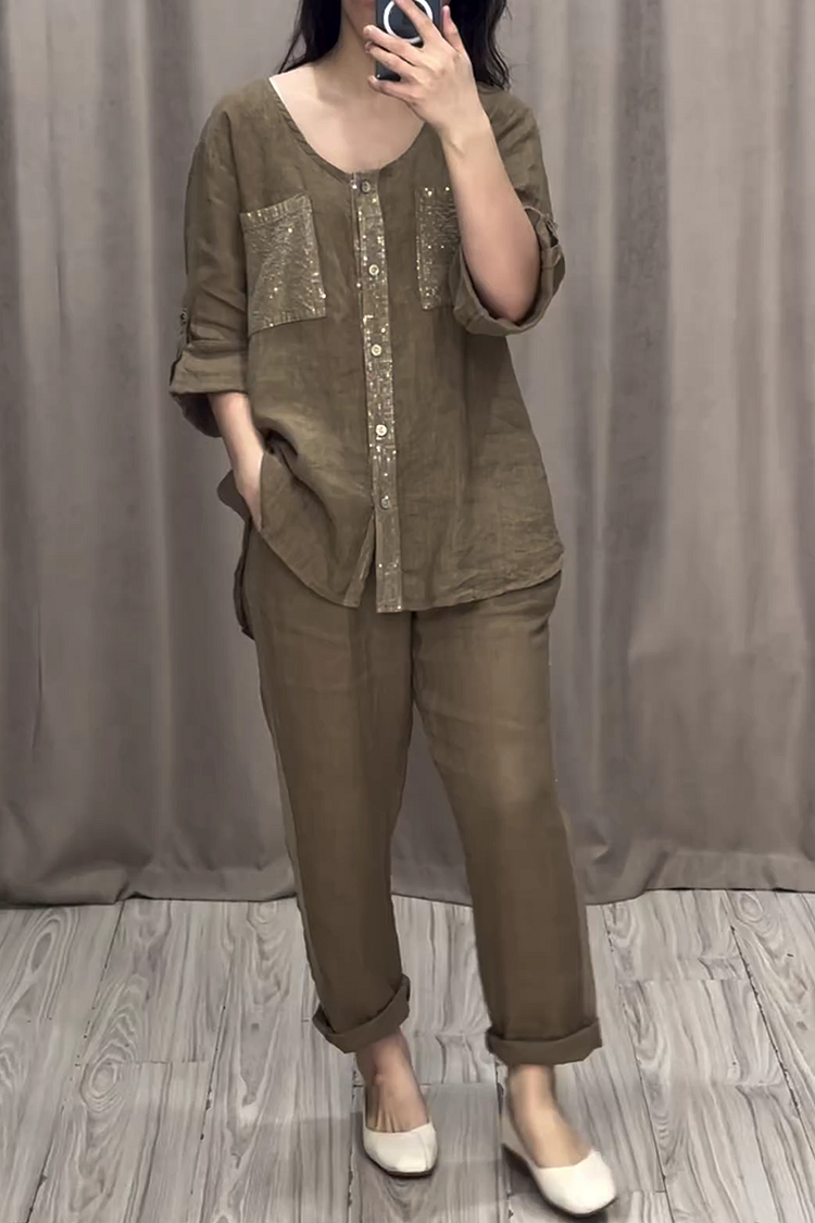 Sequins Roll Sleeve Button Up Top Pocket Pants Linen Matching Set [Pre Order]