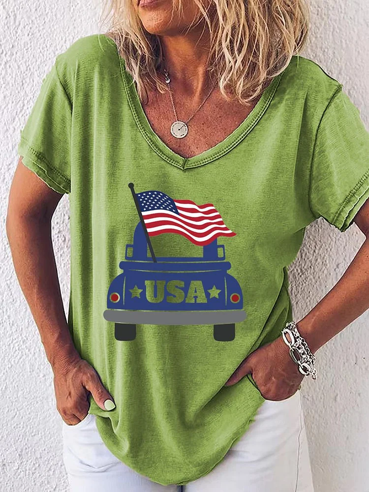 Independence Day USA Flag V Neck T-shirt-018088