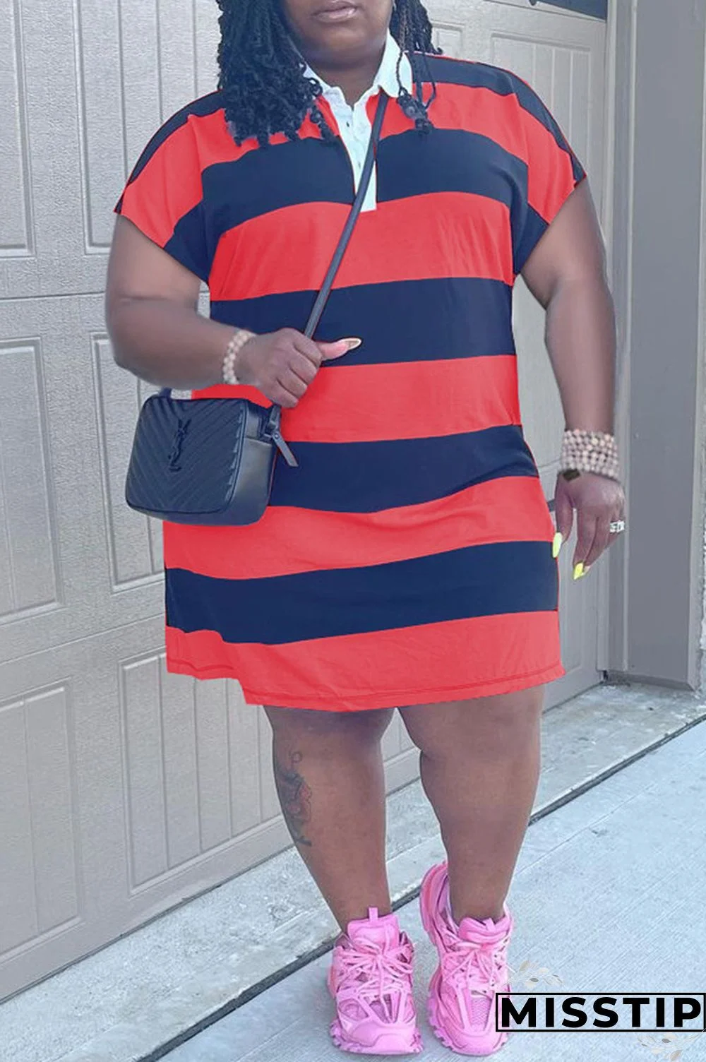 Red Fashion Casual Plus Size Striped Print Basic Turndown Collar Short Sleeve Dress