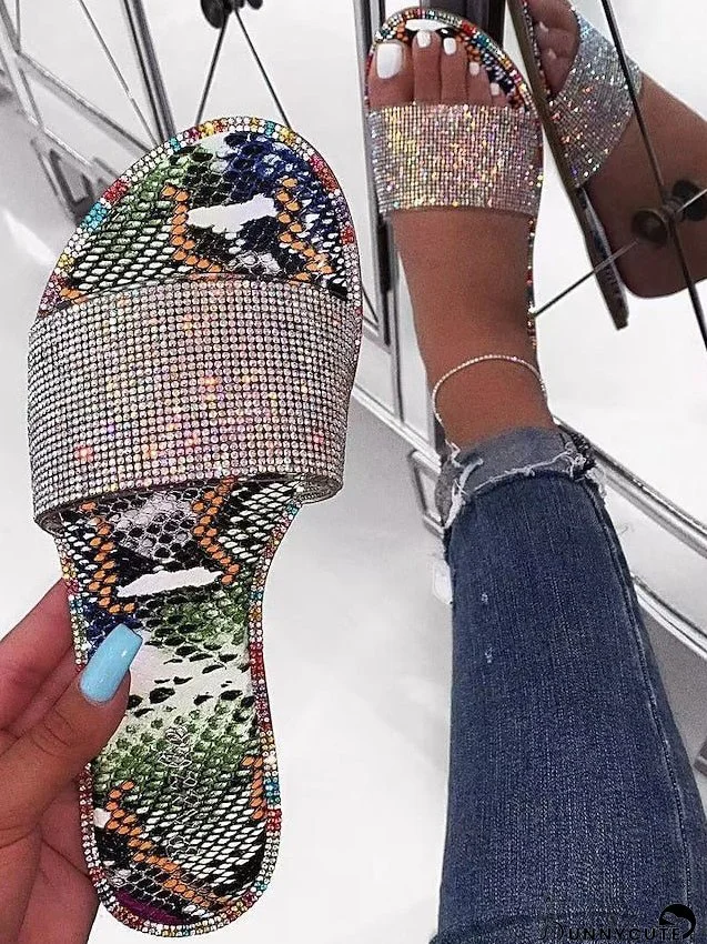 Women's Slippers Boho Bohemia Beach Beach Slippers Daily Beach Summer Rhinestone Flat Heel Open Toe Casual Pu Loafer
