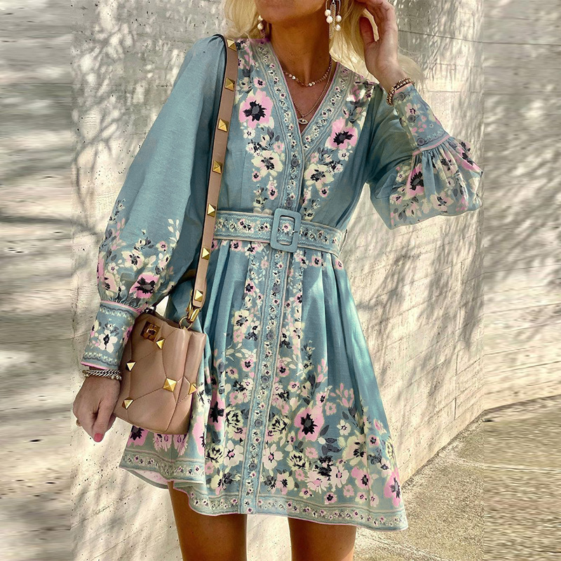 Trendy Boho Print Long Sleeve Elegant V Neck Party Mini Dress