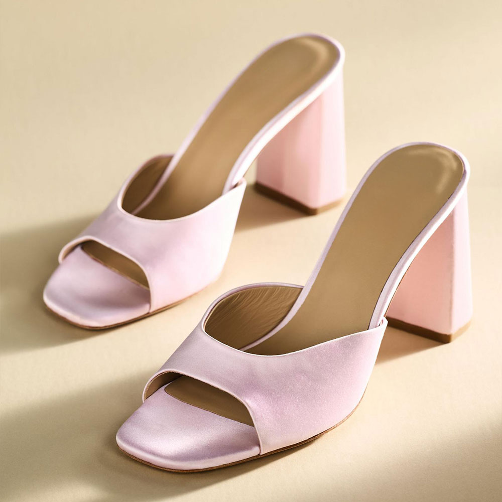 Light Pink Square Toe Chunky High Heel Mule Shoes for Women Nicepairs
