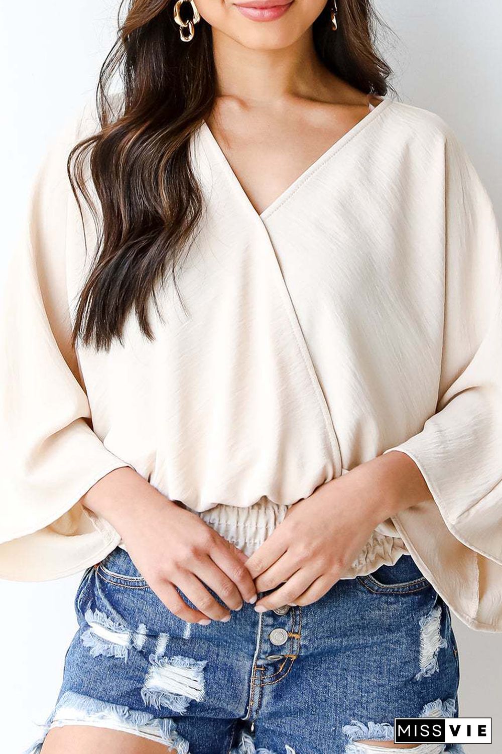 Casual Solid Patchwork V Neck Tops(3 Colors)