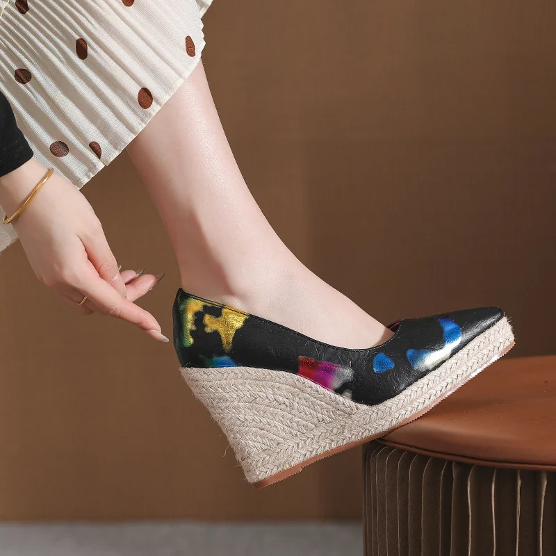 Wongn Wongn And Autumn New Slope Heel Thick Bottom Tip Shallow Mouth High Heel Women's Single Shoes Color Thick Heel Grass Hemp Rope Bottom Large Size