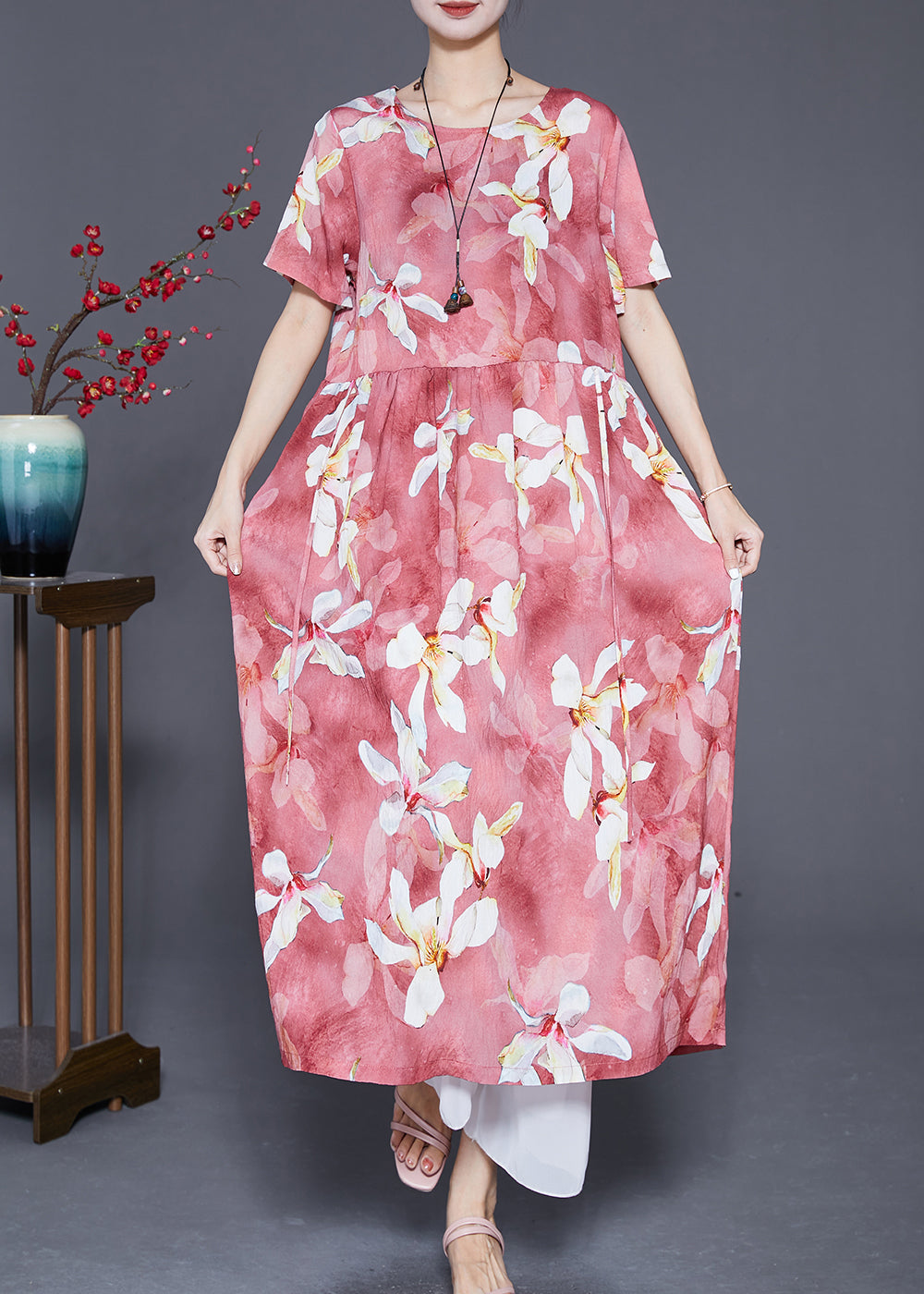 VCSHOES Red Oversized Print Linen Holiday Dress Summer