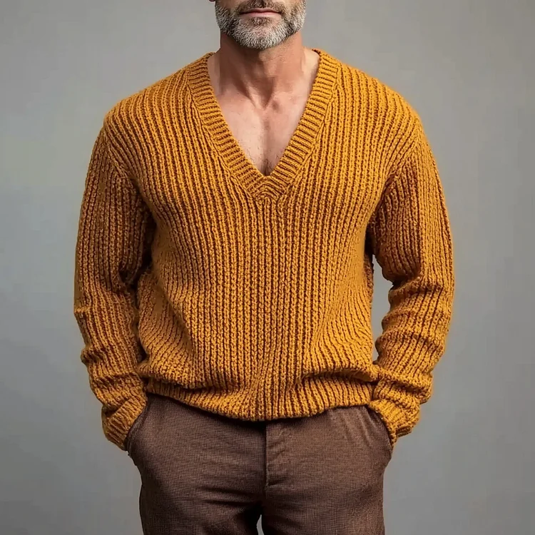 Men's Knitted Solid Color V-neck Sweater-inspireuse