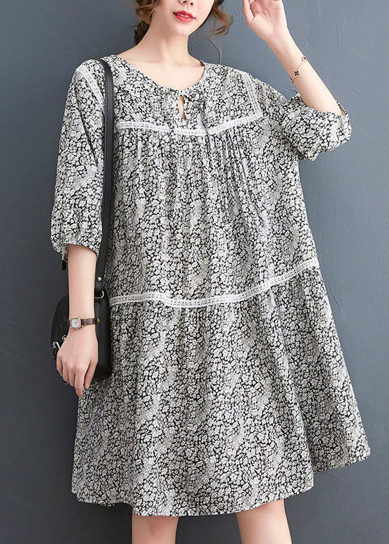 VCSHOES O-Neck Lace Patchwork Print Cotton Mid Dress Three Quarter Sleeve