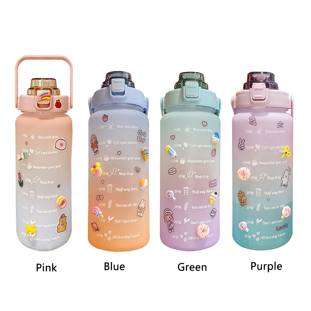 

2L Water Bottle Straw Cup Sport Travel Time Scale Fitness Jug with Stickers, Gradient green, 501 Original